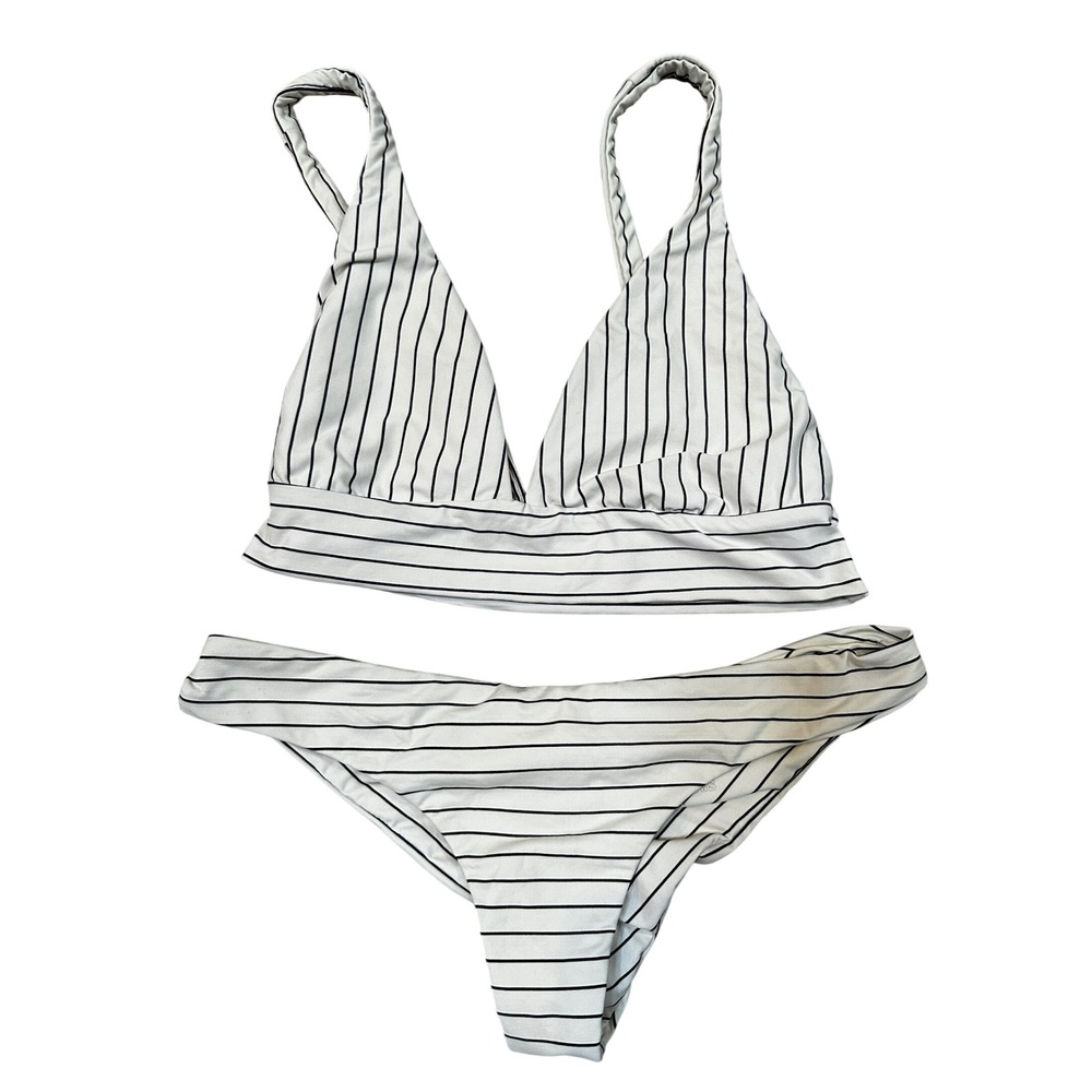 Boys + Arrows Striped Bikini Set Large Top Small Bottom Cream Black Ruched